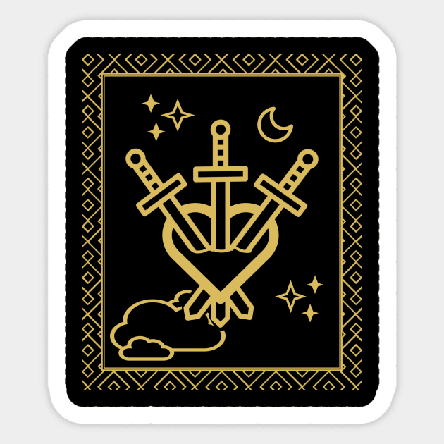 Tarot Card - Three of Swords - Gold Sticker by ballhard